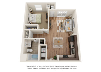 A one bedroom, one bathroom floor plan at Villages at Fiskville in Austin, TX.