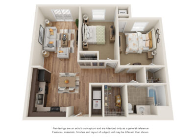 A two bedroom, one bathroom floor plan at Villages at Fiskville.